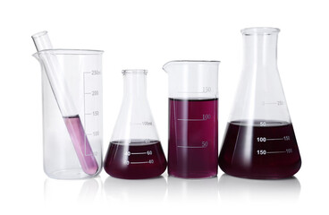Different laboratory glassware with color liquid isolated on white