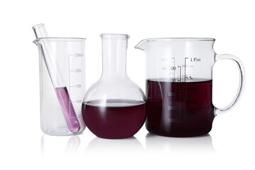 Different laboratory glassware with color liquid isolated on white