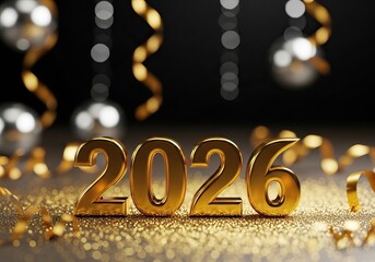 A festive arrangement the golden year 2026 surrounded by shimmering decorations, New Year celebrations.