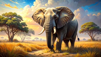 Fototapeta premium Stunning, highly detailed illustration of a majestic African elephant walking toward the camera through the golden grass of the savanna