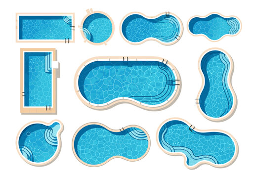A collection of various swimming pool shapes and designs for outdoor recreation.