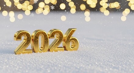 A golden 2026 stands out against a snowy background, illuminated by soft, warm bokeh lights, evoking a festive and hopeful atmosphere.