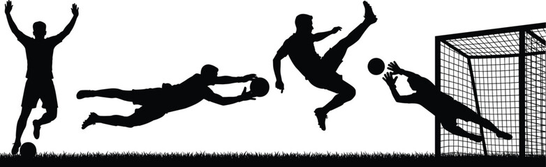 Soccer celebration, goalkeeper dive, goal attempt, dramatic save, sports action, football silhouette, athletic moment, competitive match, dynamic movement, black illustration