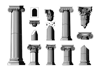 Naklejka premium An artistic collection of classical architectural columns and decorative elements in a monochromatic style.
