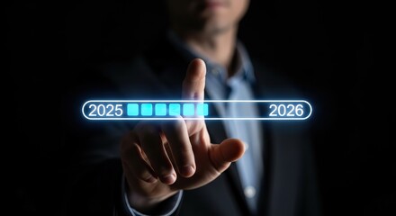 Progress Flow, A person interacts with a digital timeline, highlighting the transition from 2025 to 2026, progress and future planning.