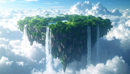 Floating Island Paradise: Lush Greenery and Cascading Waterfalls in the Sky.