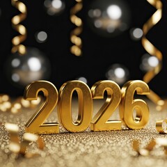 A festive display featuring the year 2026 in gold, surrounded by sparkling decorations and shimmering elements, celebrating an upcoming New Year.