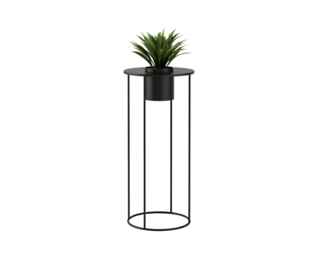 Elegant interior accent, Green leafy plant on a tall, thin, metal plant stand against a minimalistic backdrop