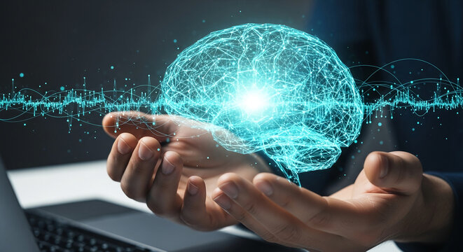Cyan digital brain model held in hands, connected to glowing lines, symbolizing AI, neural networks, and technological advancement