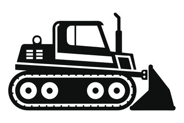 Isolated Black Bulldozer Icon with Tracks, Cabin, Blade, and Exhaust Pipe Illustration