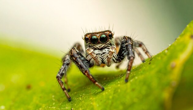 Close-up of a jumping spider on a vibrant green leaf (1)