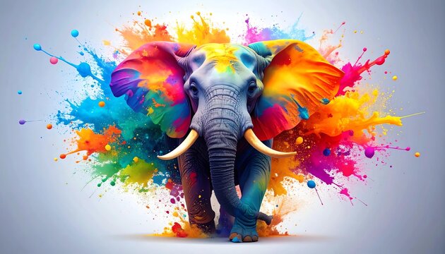 Powerful, front-facing artistic illustration of an elephant surrounded by an explosion of bright, saturated watercolor or paint splatter in a variety of rainbow colors