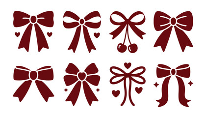 Eight different burgundy bows with various ribbon styles and decorative elements like cherries and hearts.