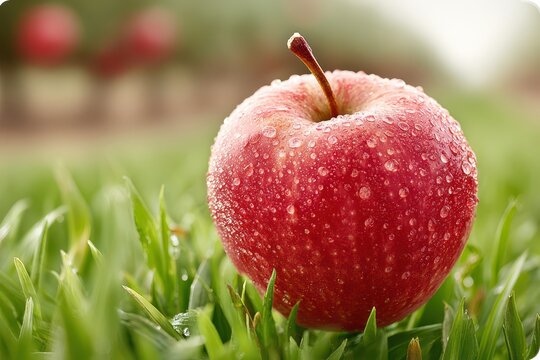 A perfectly ripe red apple with glistening dewdrops nestled in vibrant green grass.