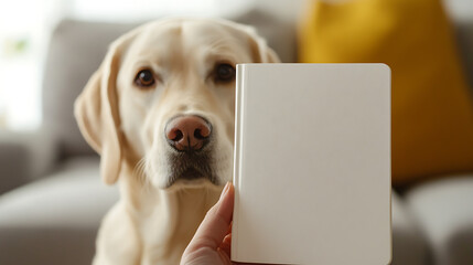 A golden labrador attentively watches as a hand presents a book with a blank cover, offering potential for customization and creative ideas.