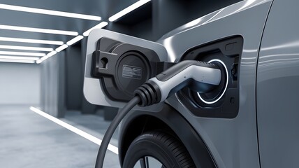 Electric car charging port with plug inserted in modern facility