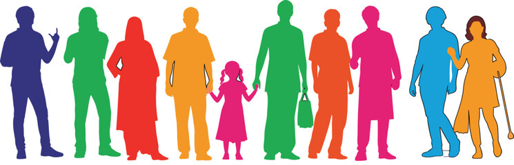 Diversity inclusion community silhouettes, colorful people figures, accessibility equality teamwork, children adults disability support, cad drawing flat vector illustration design