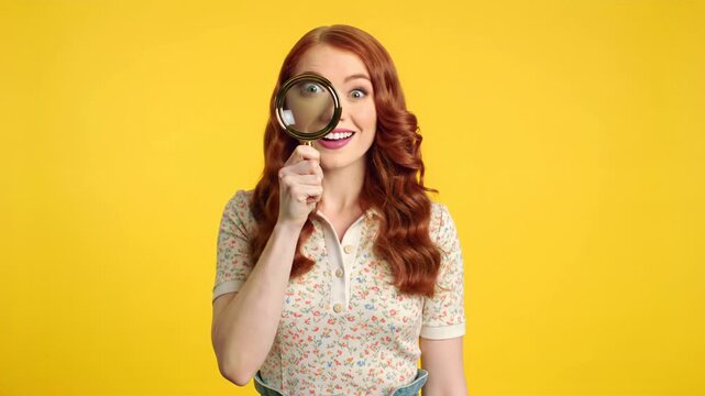 Caucasian woman, brown hair, shirt, brings magnifying glass to eye, playful smile. Daffodil yellow studio video, highkey light, shallow DOF. Joyful studio concept