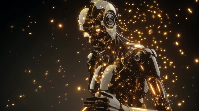 obot shown from the waist up in side profile. The robot slightly moves subtle head tilt or arm shift. Its metallic surface glows and flickers, with energy pulses and light waves running across the bod