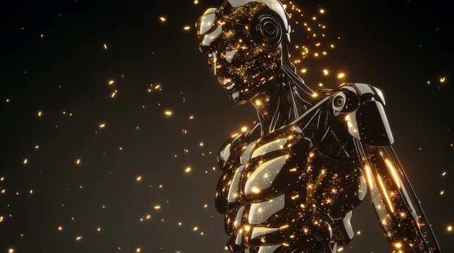 obot shown from the waist up in side profile. The robot slightly moves subtle head tilt or arm shift. Its metallic surface glows and flickers, with energy pulses and light waves running across the bod