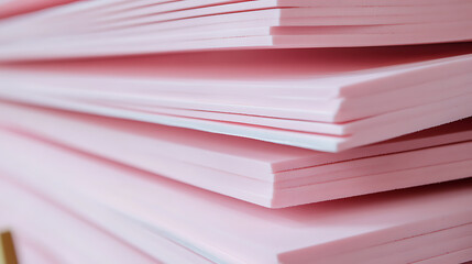 Close-up of a stack of pink sheets, showing the textured surface and crisp edges. Ideal for backgrounds or designs requiring a soft, colorful touch.