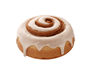 Delicious cinnamon roll with creamy icing swirls, a tempting treat on clean canvas