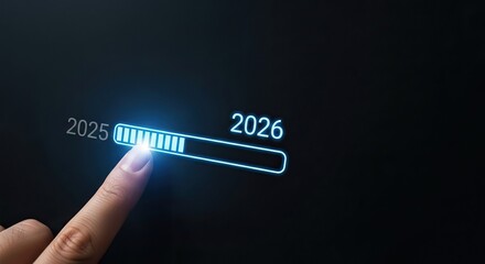 Transition and Progress Status, A finger interacts with a digital progress bar, indicating a timeline from 2025 to 2026, technology and forward planning.