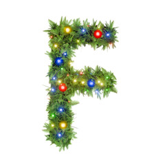 The letter F is decorated with green festive garland and colorful lights.