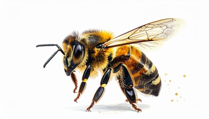 Close up of a honey bee on a white background.