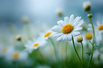 Fototapeta premium Beautiful white daisy with delicate dew drops, blooming in a serene garden.