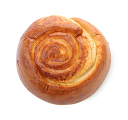 Tasty roll bun isolated on white, top view. Homemade pastry