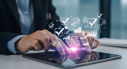 Futuristic tablet with holographic check marks and documents, digital productivity, and smart technology