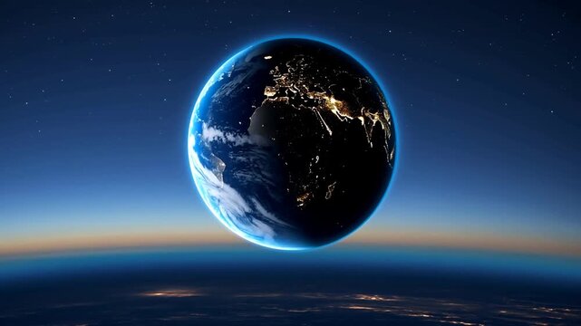 planeta Tierra orbitando en el espacio durante la noche. La c&aacute;mara se mueve suavemente alrededor del globo terr&aacute;queo mostrando la curvatura del planeta iluminada por millones de luces de ciudades