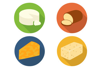 Cheese variety vector icon set. Flat design illustrations with long shadow. Includes brynza, smoked, colby jack, and pepper jack cheese. Dairy food product collection concept.