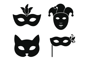 Carnival mask black icon set. Masquerade party vector collection. Venetian, jester, cat, and feathered face masks silhouette. Graphic symbols for theatre or festival design.