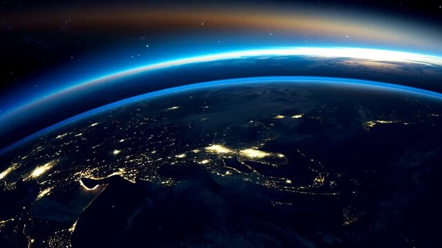 planeta Tierra orbitando en el espacio durante la noche. La c&aacute;mara se mueve suavemente alrededor del globo terr&aacute;queo mostrando la curvatura del planeta iluminada por millones de luces de ciudades