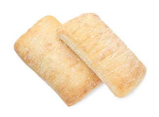 Two tasty fresh ciabattas isolated on white, above view