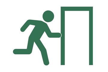 Man running to exit door sign. Vector for emergency evacuation and safety direction. Escape route symbol and icon. Human figure in motion concept for public information signage.