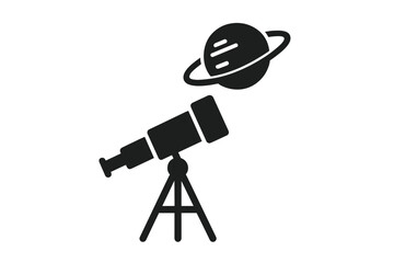 Telescope icon looking at a planet with rings like Saturn. Concept of astronomy, science, discovery, research, and exploration of space, the universe, and the galaxy. Vector.