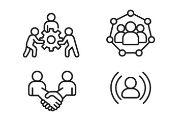 Concept teamwork web icons in line style. Team work, people support, business collaboration. Digital network, social media connection. Handshake for partnership. Vector icons set for corporate.