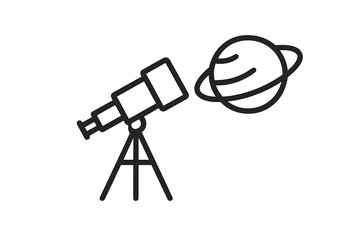 Telescope observing a planet with rings line icon. Concept of astronomy, science, space exploration, discovery, and research. Symbol for astrophysics and stargazing vector.