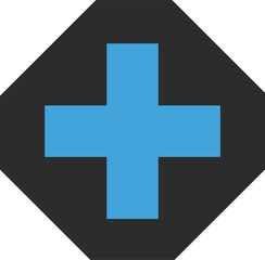 Blue plus sign inside a black diamond shape, isolated on white background