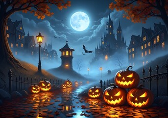Moonlit Halloween Night with Jack-o'-lanterns and Spooky Castle