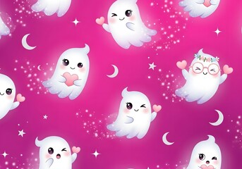 Whimsical Cute Ghosts Pattern with Hearts on Pink Background