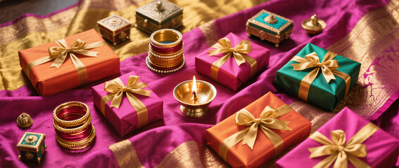Fototapeta premium Happy Diwali Flatlay Advertisement Silk Sari Fabric Wrapped Gifts Golden Ribbons Bangles Decorative Boxes Traditional Diya Bright Vibrant Lighting Celebration Textures Colors