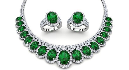 Elegant emerald and diamond necklace and earrings set isolated on white background