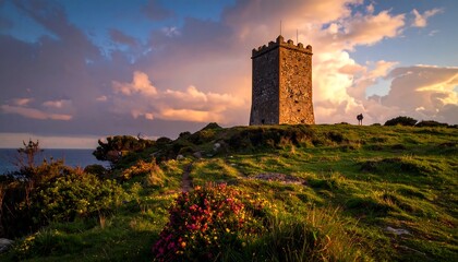 Sunset over coastal tower and blooming flowers