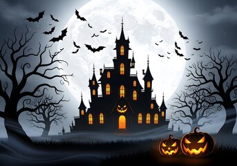 Haunted Halloween Castle with Jack-o'-Lanterns and Bats