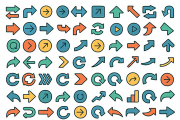 Big collection of arrow icons in trendy flat line style. Mega set of colorful pointers, cursors for UI, UX, web design. Navigation symbols for next, back, refresh, download.