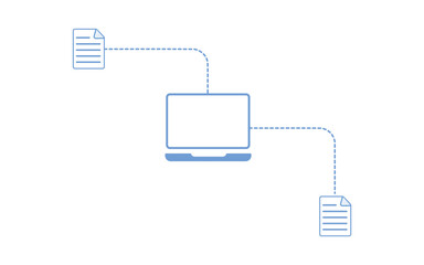 Minimal blue illustration showing file transfer or synchronization between documents and a laptop. data exchange or digital file sharing concept. illustration vector file. high quality picture